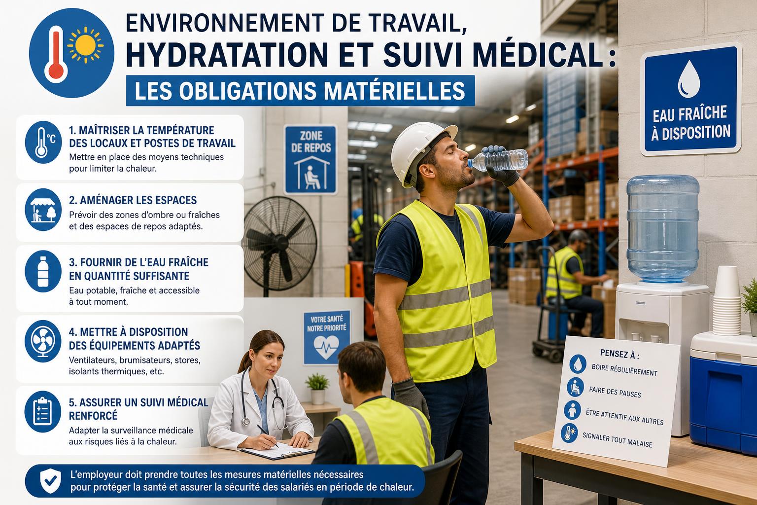 Environnement de travail, hydratation et suivi médical : les obligations matérielles