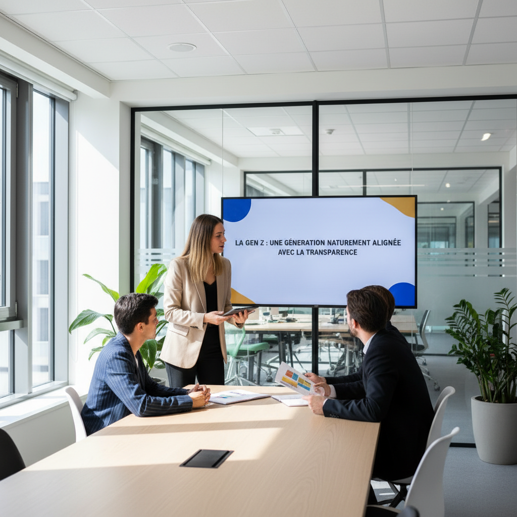 professionals in modern workplace setting, discussing La Gen Z : une génération naturellement alignée avec la transparen