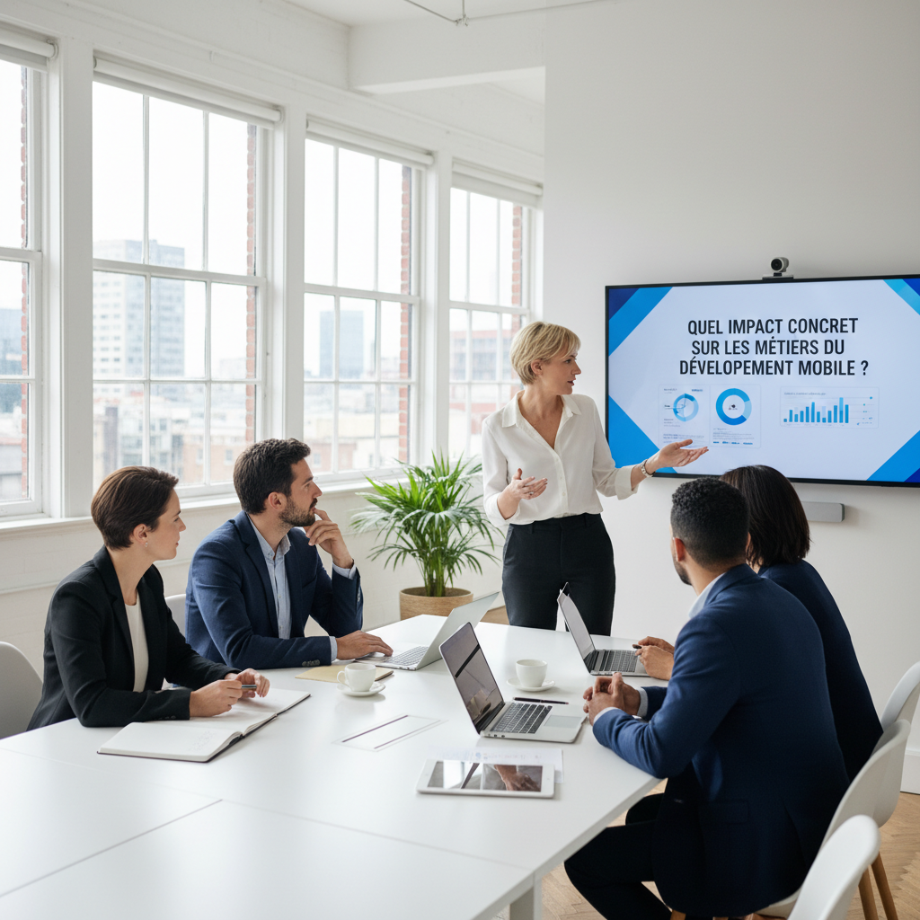 professionals in modern workplace setting, discussing Quel impact concret sur les métiers du développement mobile ?, edi