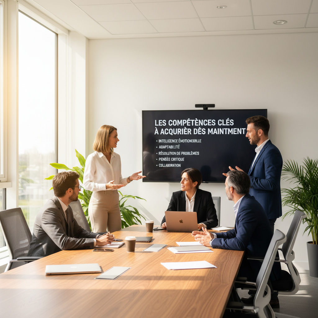 professionals in modern workplace setting, discussing Les compétences clés à acquérir dès maintenant, editorial photogra