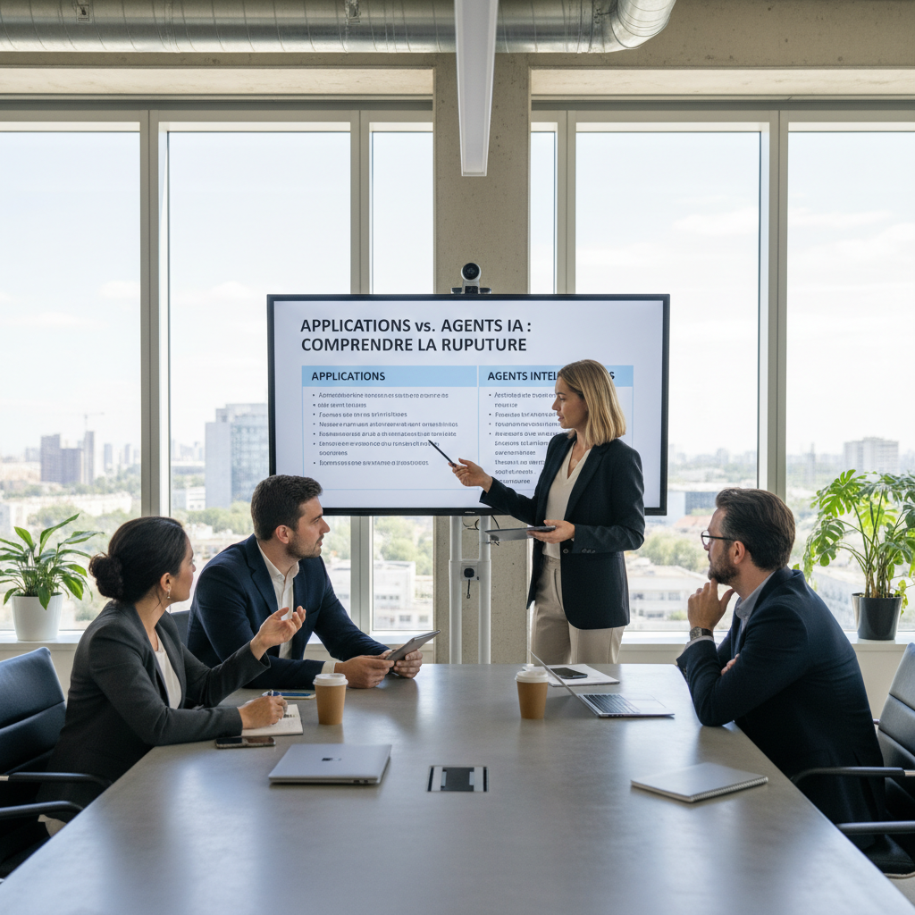 professionals in modern workplace setting, discussing Applications vs agents IA : comprendre la rupture, editorial photo