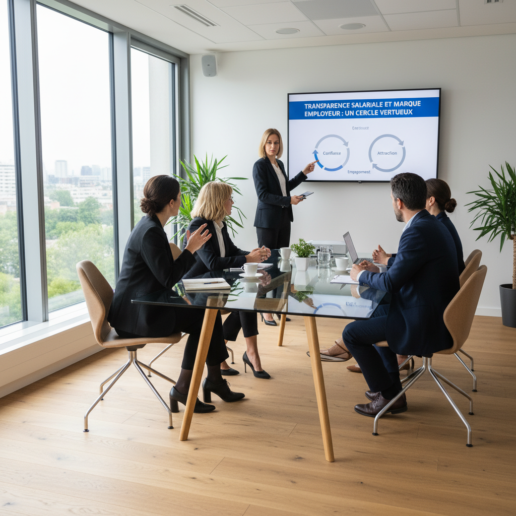 professionals in modern workplace setting, discussing Transparence salariale et marque employeur : un cercle vertueux, e